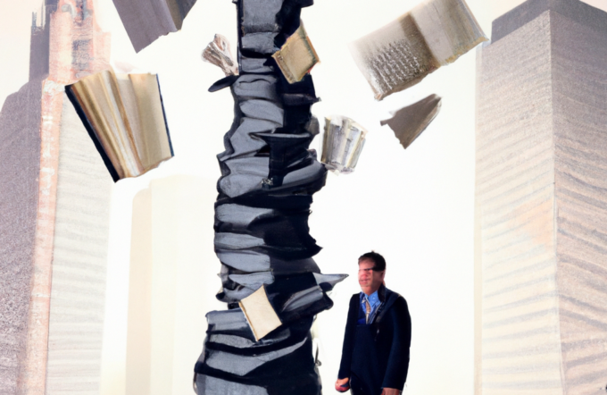 DALL·E 2023-08-30 19.14.47 - rascacielos hecho de libros y papeles se derrumba al lado de un consultor con traje negro de tamaño pequeño, en arte digital